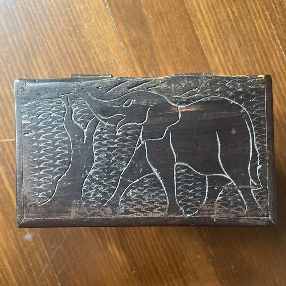 RARE Vtg Walt Disney World Elephant Rhino Carved Wooden Box Marble Jar Complete